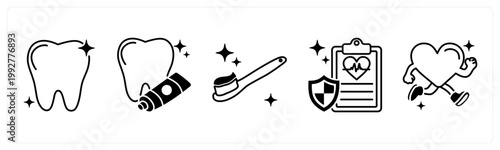 A set of 5 mix icons as dental care, tooth paste, tooth brush