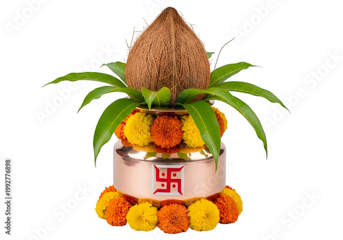 Kalash Pot Decorated with Coconut, Mango Leaves, Marigolds and Swastika for Hindu Puja and Festivals