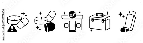 A set of 5 mix icons as expired medicine, pill tablet, pharmacy store