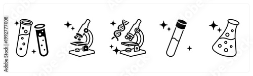 A set of 5 mix icons as test tube, microscope, gene testing