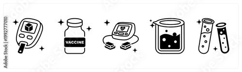 A set of 5 mix icons as diabetes test, vaccine, defibrillator