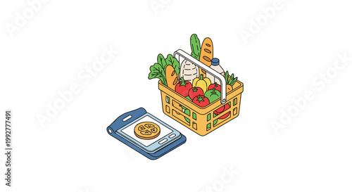 Online Grocery Shopping with Smartphone and Full Basket.