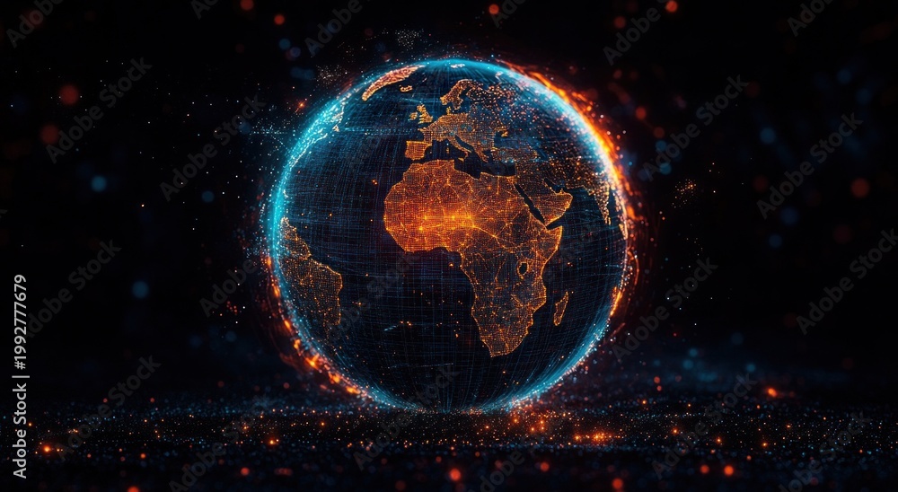 Fototapeta premium Glowing digital Earth with illuminated networked continents, vibrant orange city lights and blue grid lines, futuristic energetic connected global visualization