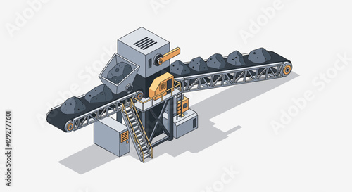Isometric Conveyor Belt System Transporting Raw Materials in Industrial Setting.