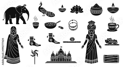 Indian Food and Cultural Icon Set, Traditional Cuisine and Lifestyle Symbols
