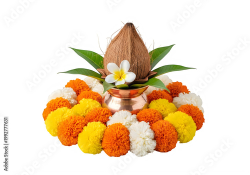 Traditional Kalash decorated with flowers and coconut for Hindu religious ceremony