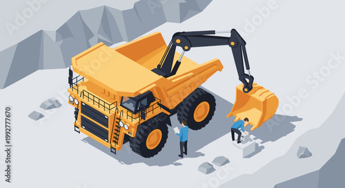 Isometric illustration of a giant mining dump truck being loaded by an excavator with workers.