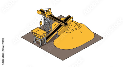 Isometric illustration of a gold mining operation with machinery and a large pile of gold ore.