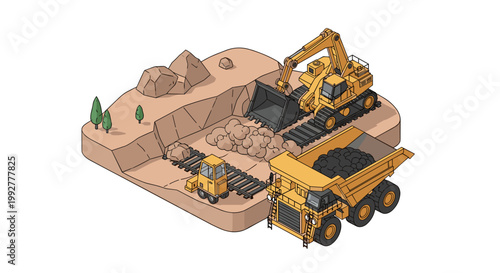 Isometric Mining Operation with Excavator, Dump Truck, and Conveyor Belt.