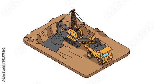 Isometric view of a large excavator loading coal into a dump truck at a mine site.