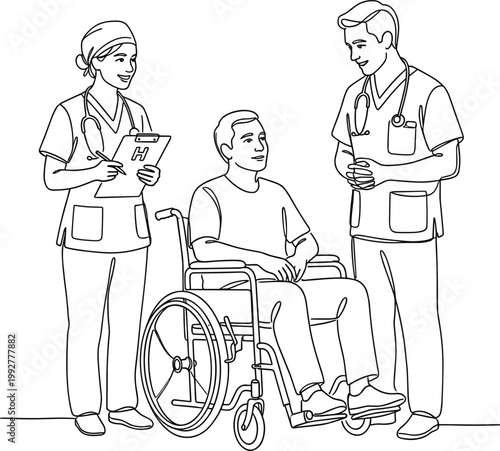 Medical team assisting patient in wheelchair line art illustration healthcare support rehabilitation care professional interaction scene