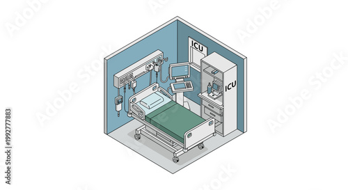 Isometric view of an intensive care unit room with medical equipment.