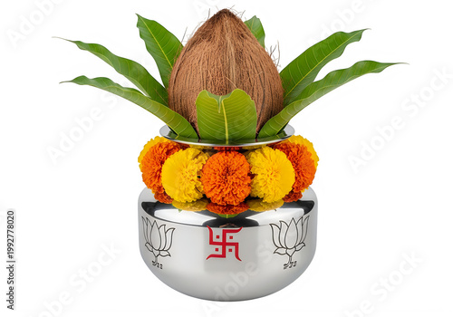 Hindu Pooja Kalash with Coconut and Marigold Flowers, Sacred Swastika Symbol