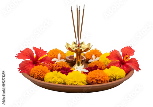 Indian Puja Offering: Marigold and Hibiscus Flowers with Incense Sticks on White Background