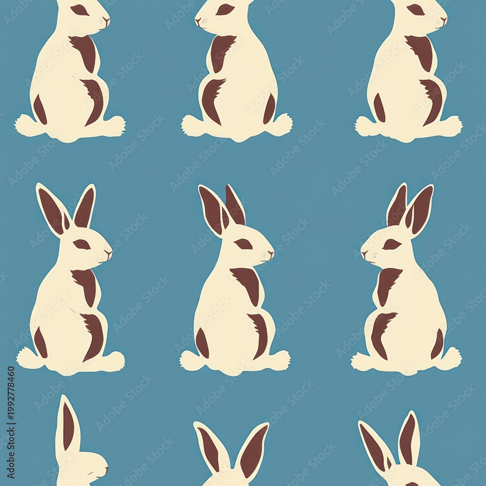 Fototapeta premium repeating pattern of calm cream and brown rabbits sitting in profile on blue background