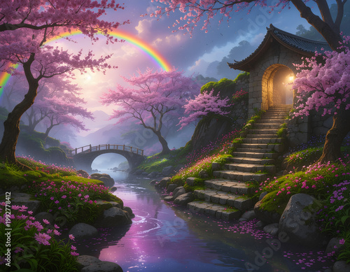 A serene summer landscape of a bridge over the river at sunset featuring lush green trees and mountain views reflected in the calm water under a glowing sky