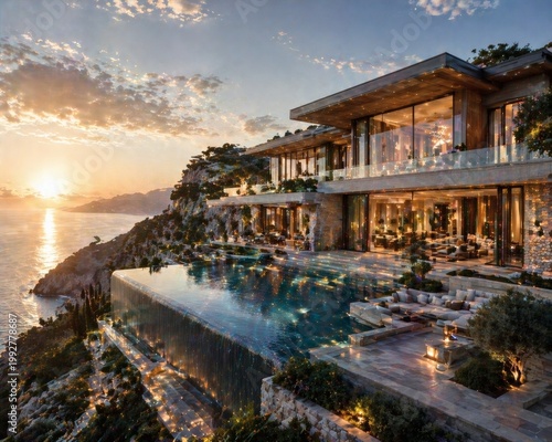 Luxury Cliffside Infinity Mansion with Ocean Sunset Panorama