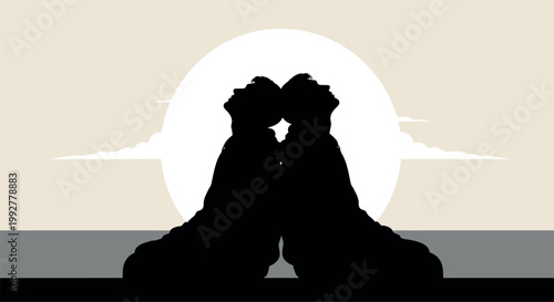 Romantic Kissing Couple Silhouette at Sunset – Intimate Man and Woman Profile against Large Sun and Sea Horizon, Minimalist Vector Illustration for Beach Travel, Honeymoons, and Love-Themed Designs