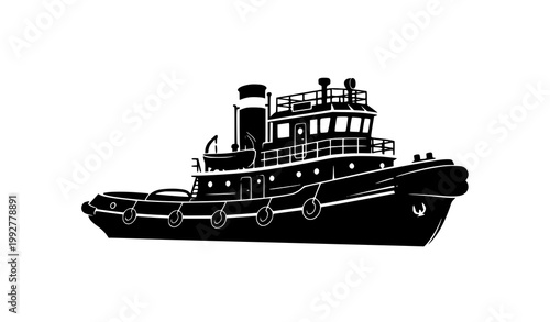 Tugboat black silhouette vector icon detailed marine vessel shape illustration isolated on white