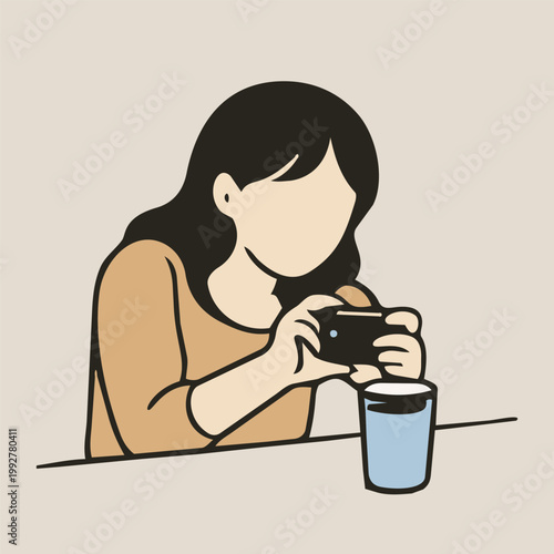 Minimal line illustration of woman taking photo with smartphone in cafe lifestyle scene