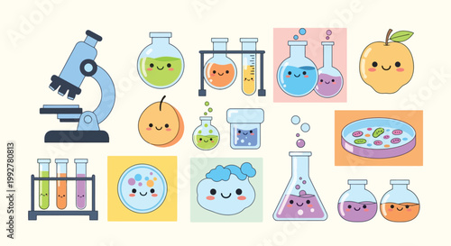 Cartoon laboratory equipment with smiling glassware collection.