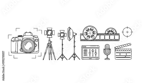 Photography and videography outline icons with DSLR camera lens tripod studio lights and film production vector set