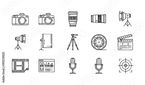Photography and videography outline icon set with camera lens tripod studio lights and film equipment vector collection