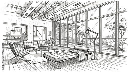 Modern living room interior sketch illustration, stylish home space with large windows furniture decor and cozy contemporary lifestyle design