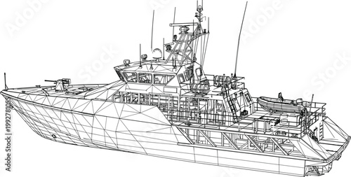 Modern patrol boat wireframe illustration with detailed naval vessel structure maritime security craft technical line design perspective