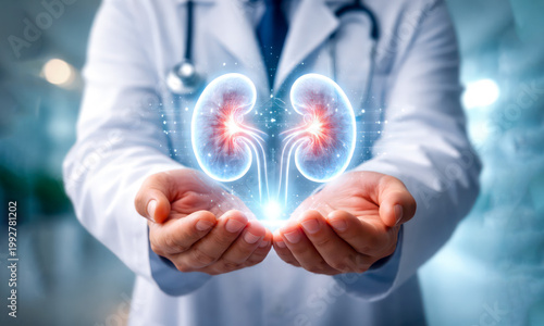 Doctor holding glowing holographic human kidneys in modern medical setting with blurred hospital background