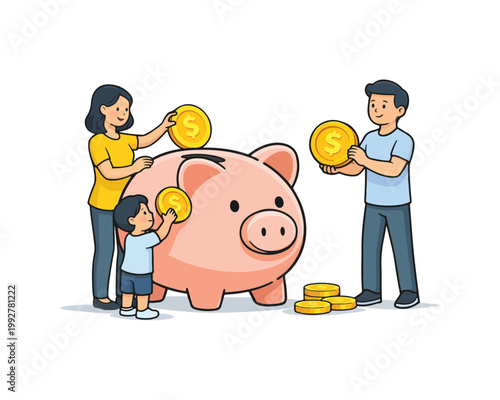 Family Saving Money Together with Piggy Bank Personal Finance Flat Vector Illustration