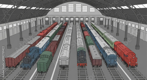 Multiple trains lined up on tracks inside a large station.