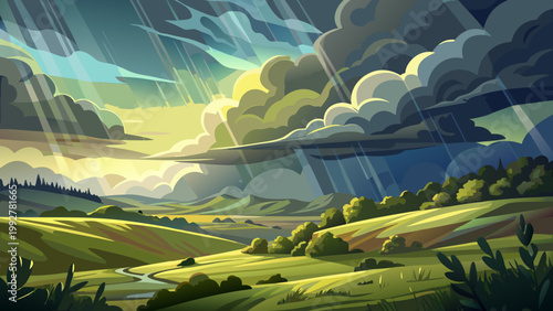 Cartoon landscape with rolling green hills and trees under a cloudy rainy sky