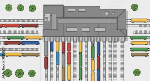 Aerial view of a busy train station with many colorful trains.