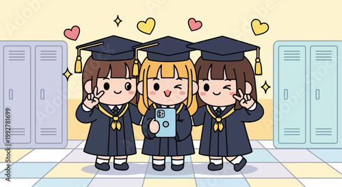 Three graduates in caps and gowns posing together.