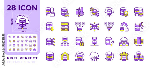 Data analytics pixel perfect line color icons set. Sql database, data management. Networking technology. Vector illustrations. Simple flat colorful symbols collection. Editable stroke