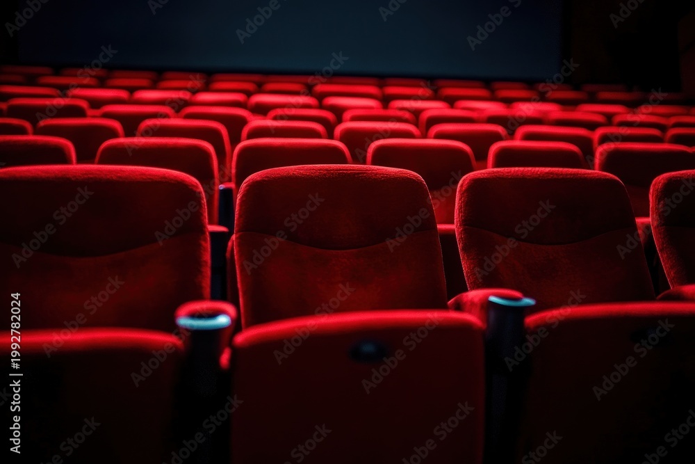 Fototapeta premium empty rows of plush red cinema seats in a dim auditorium conveying quiet anticipation and moody stillness
