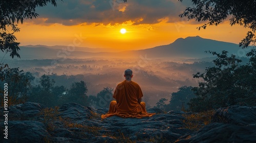 Buddhist monk meditating at sunrise on mountain overlooking misty forest, tranquil nature, spiritual solitude, peaceful morning