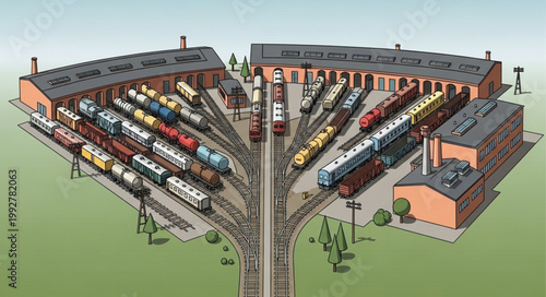 Illustration of a large train depot with many locomotives.