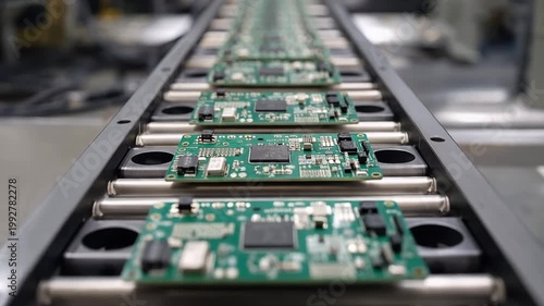 同一基板が並ぶ生産ラインを浅い被写界深度で表現した製造現場カット