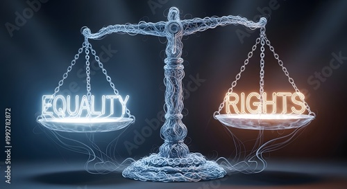 Justice scales with glowing equality and rights words on dark background concept.
