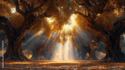 Sunlight filtering through ancient autumn trees in enchanted golden forest with dramatic rays and serene atmosphere