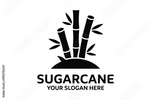 Black sugarcane silhouette logo with leaves on transparent background.