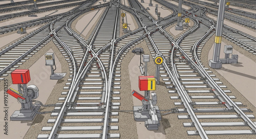 Complex railway track junction with signals and switches.