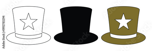 Vintage top hat vector set, classic magician headwear with star detail, black silhouette and gold formal hats for circus and magic show branding