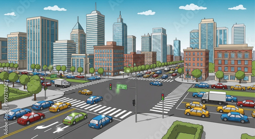 Busy City Street Intersection with Traffic and Buildings.