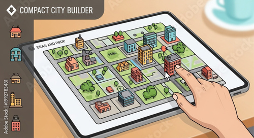 Person playing a city building simulation game on a tablet device.