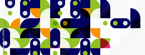 Abstract geometric pattern. Shapes overlap, creating vibrant visual texture. Colors include blue, green, orange, gray. Simple forms dominate composition.