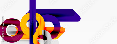 Abstract shapes, vibrant colors, purple, orange, white. Modern design elements create dynamic composition. Minimalist aesthetic.