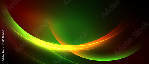 Abstract vibrant curves, flowing lines. Green, yellow, red hues blend into dark background. Dynamic energy, smooth gradients present.